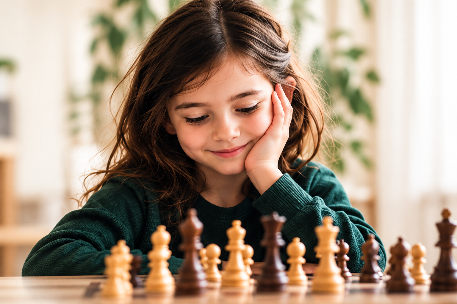 Young chess student thinking carefully during a game
